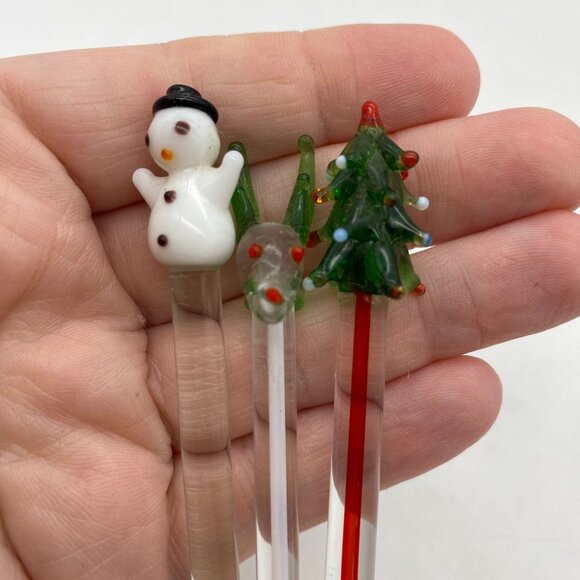 Handblown Glass Christmas theme Swizzle sticks cocktail stirrers Tree snowman re - Picture 5 of 5